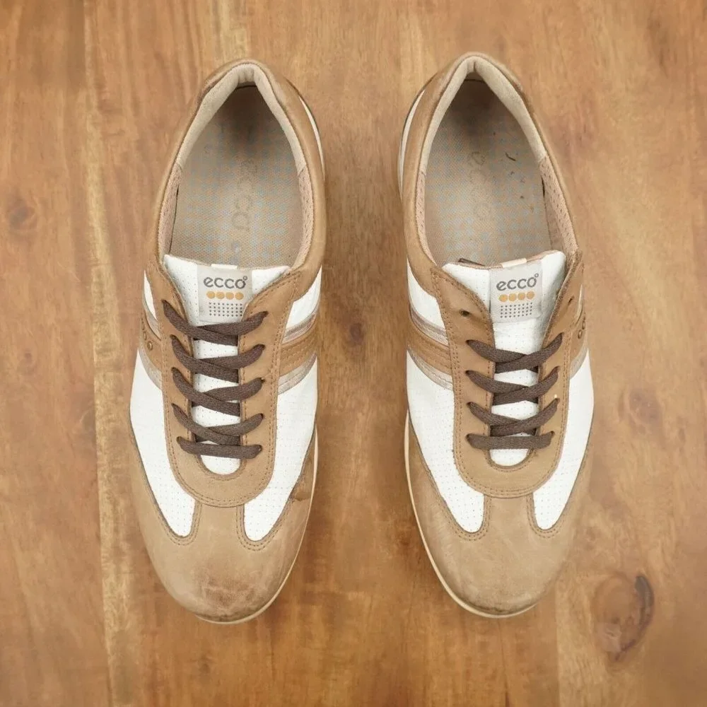 Ecco Womens Golf Shoes White Brown Leather Spiked Waterproof 39 EU / 8 US